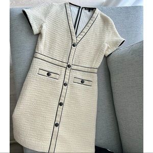 Maje Paris Tweed Mini Dress Size 40 (US 8) Cream Contrast Trim Button Front